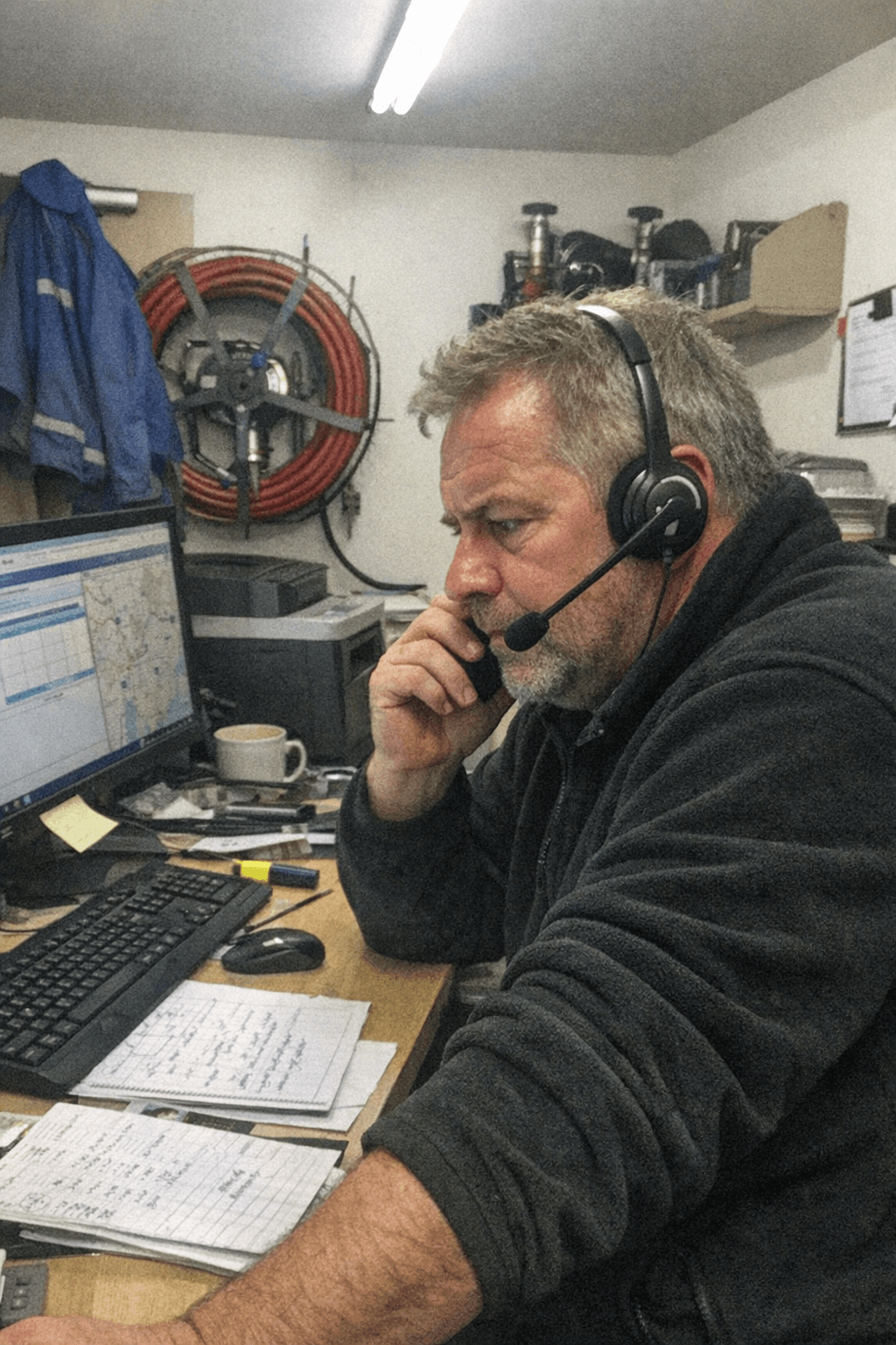 Dispatcher koordiniert den nächsten Serviceeinsatz am Telefon